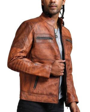 Men’s Brown Perforated Leather Biker Jacket