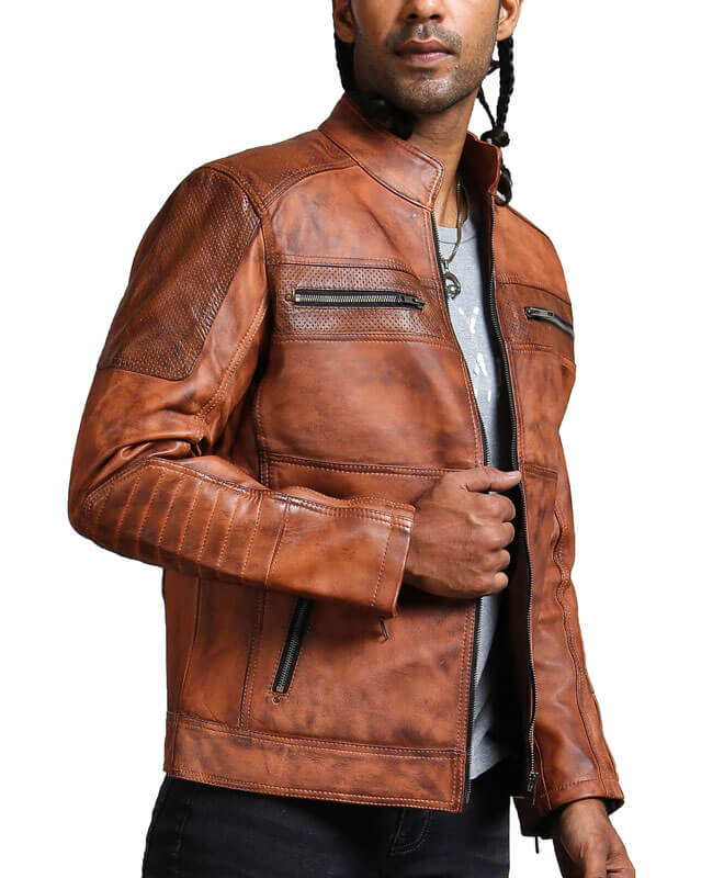 Men’s Brown Perforated Leather Biker Jacket