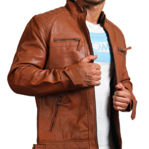 Brown Quilted Shoulders Leather Jacket