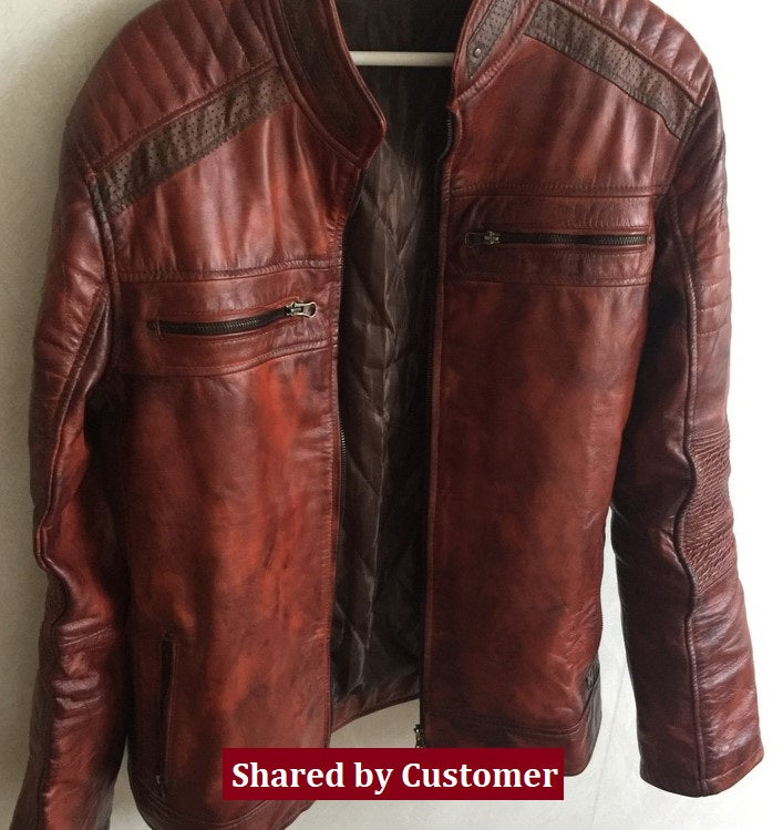 Men's Brown Waxed Cafe Racer Leather Motorcycle Jacket