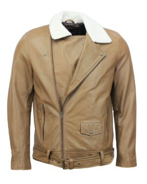 Camel Motorcycle Leather Jacket with Fur Collar