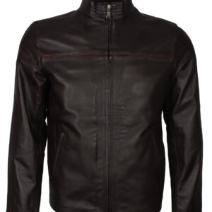 Dark Brown Leather Jacket with Red Stripe