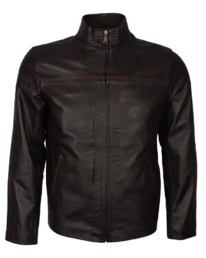 Dark Brown Leather Jacket with Red Stripe