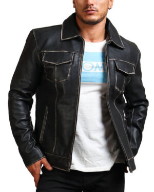 Black Trucker Leather Jacket for Men