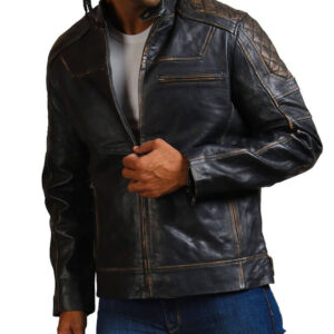 Distressed Black Diamond Quilted Biker Jacket