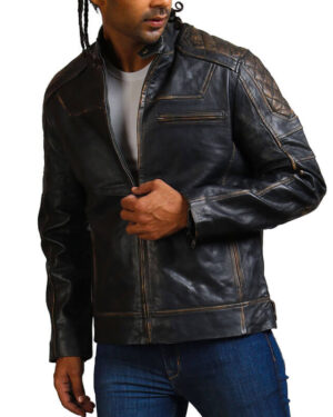 Distressed Black Diamond Quilted Biker Jacket