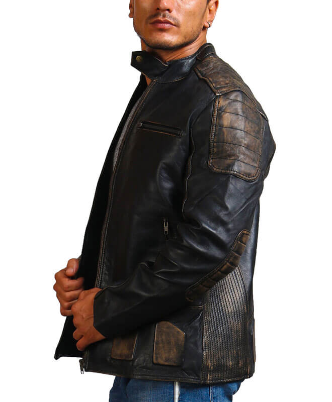 Distressed Black Biker Leather Jacket
