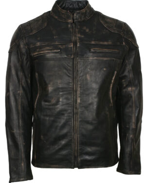 Men's Biker Distressed Leather Jacket With Zipper