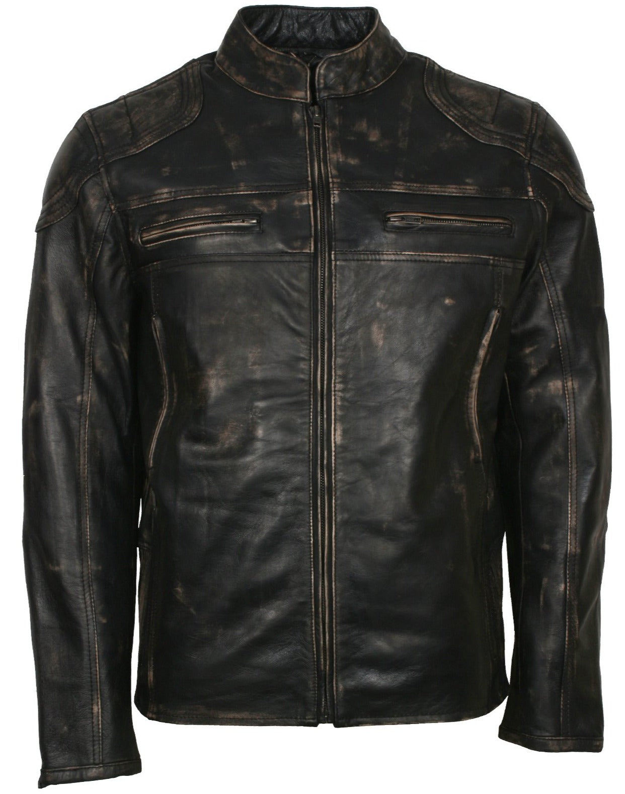 Men's Biker Distressed Leather Jacket With Zipper