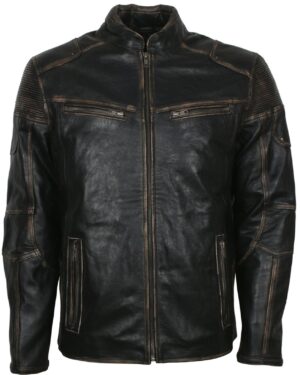 Distressed Leather Biker Jacket for Men in Black
