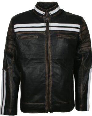 Distressed Black Leather Jacket With White Stripes