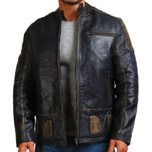 Distressed Black Biker Leather Jacket