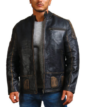 Distressed Black Biker Leather Jacket