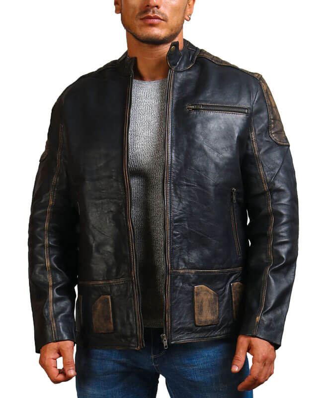 Distressed Black Biker Leather Jacket