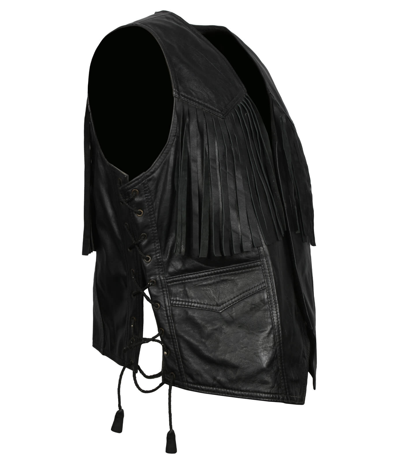 Black Cowboy Leather Vest With Fringes