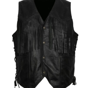 Black Cowboy Leather Vest With Fringes