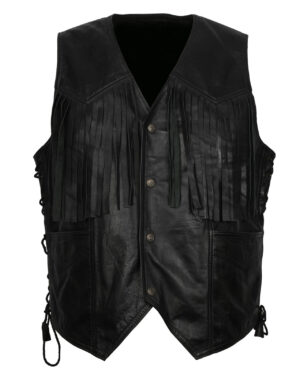 Black Cowboy Leather Vest With Fringes