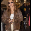 Hailey Bieber Brown Leather Jacket
