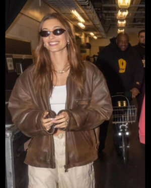 Hailey Bieber Brown Leather Jacket