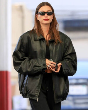 Hailey Bieber Black Leather Jacket
