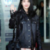 K-pop IU Black Oversized Trucker Leather Jacket