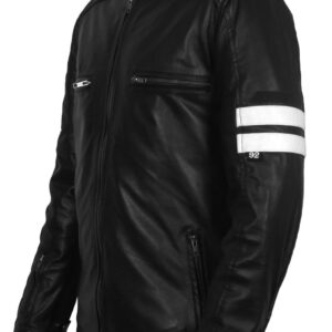 Men's Black Leather Jacket with White Stripes