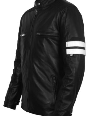 Men's Black Leather Jacket with White Stripes