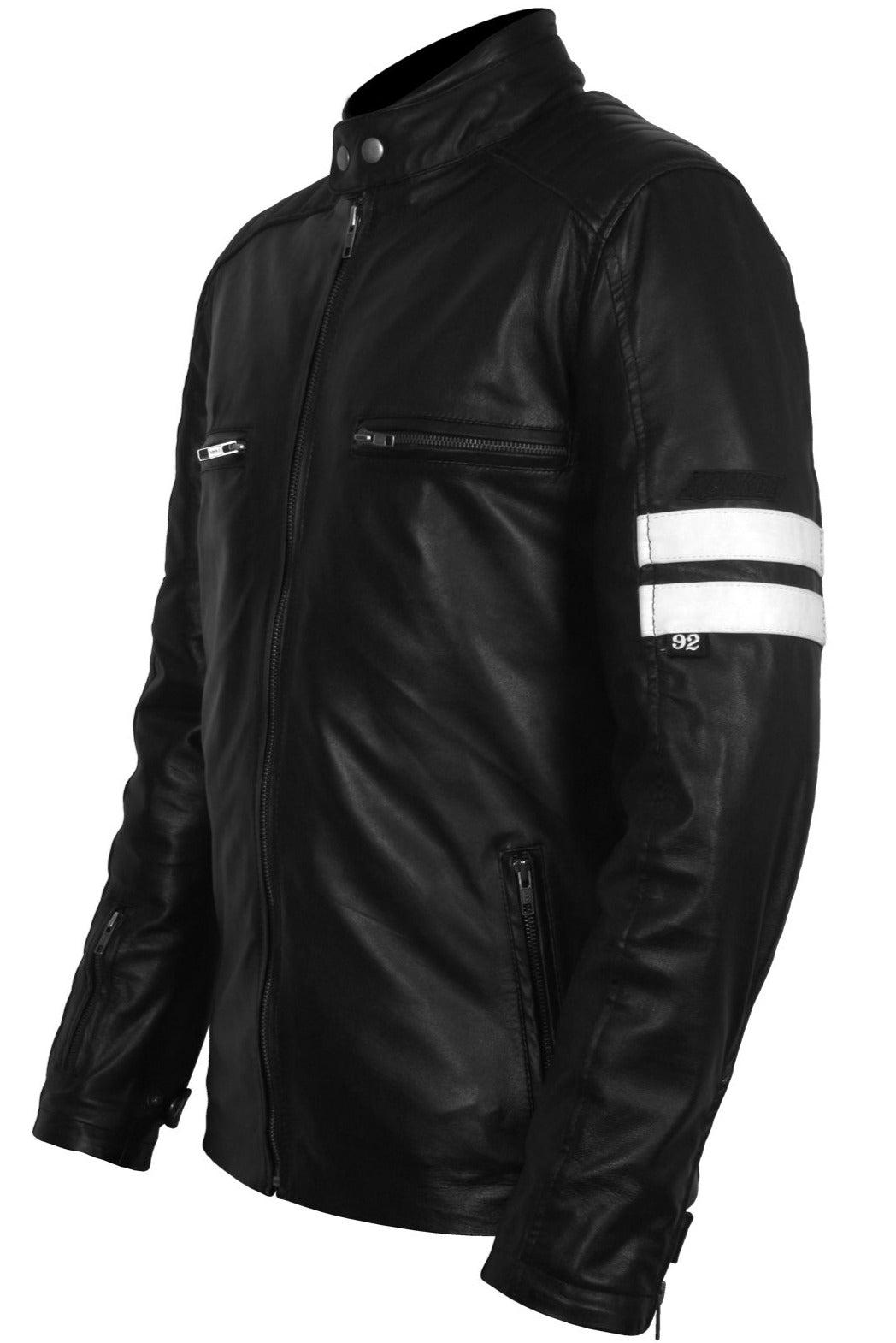Men's Black Leather Jacket with White Stripes