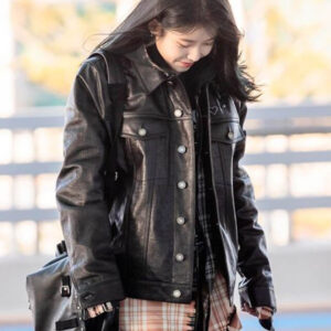 K-pop IU Black Oversized Trucker Leather Jacket