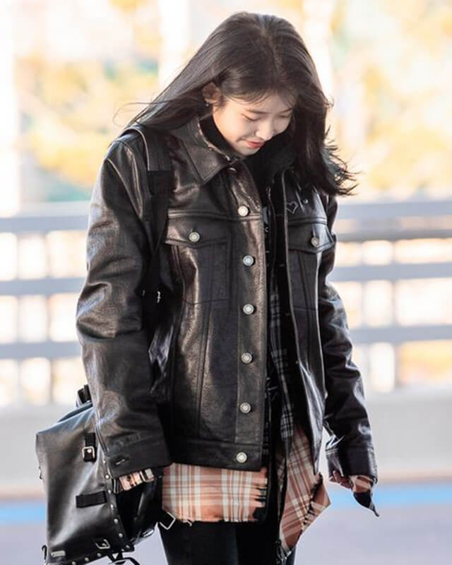 K-pop IU Black Oversized Trucker Leather Jacket