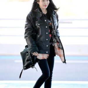 K-pop IU Black Oversized Trucker Leather Jacket