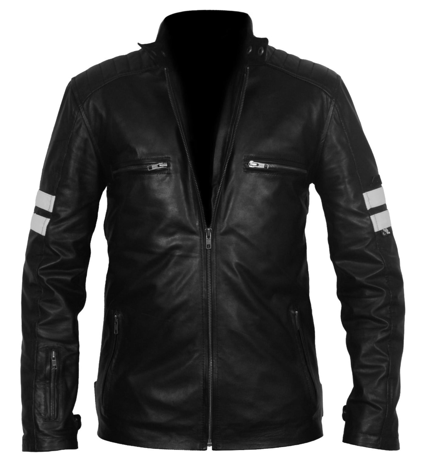 Men's Black Leather Jacket with White Stripes