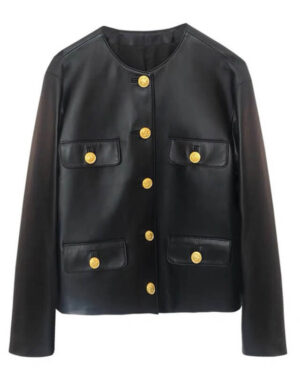 Blackpink Lisa Black Collarless Leather Jacket