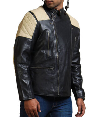 Men's White Quilted Black Leather Jacket