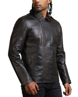 Men's Biker Textured Black Leather Jacket