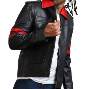 Red Collar Black Leather Jacket