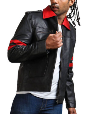 Red Collar Black Leather Jacket