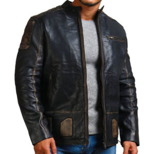 Distressed Black Biker Leather Jacket
