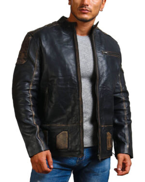 Distressed Black Biker Leather Jacket