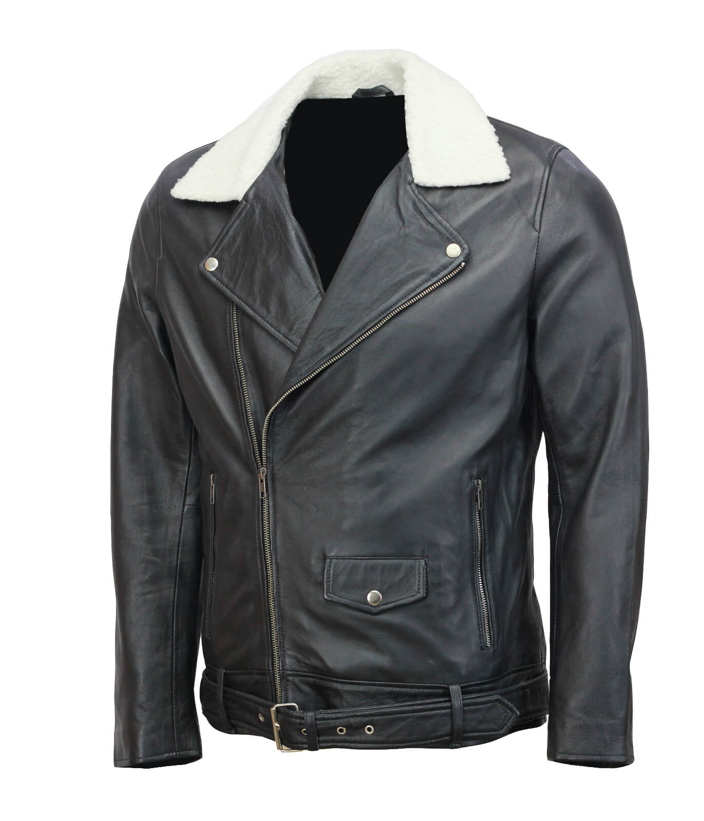 Black Motorcycle Leather Jacket with Fur Collar