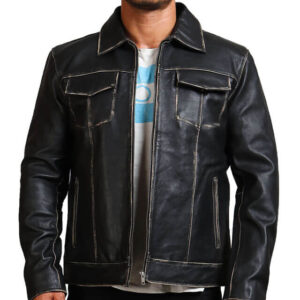 Black Trucker Leather Jacket for Men