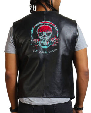 Skull Print Black Leather Vest