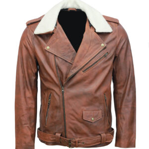 Vintage Brown Motorcycle Leather Jacket with Fur Collar