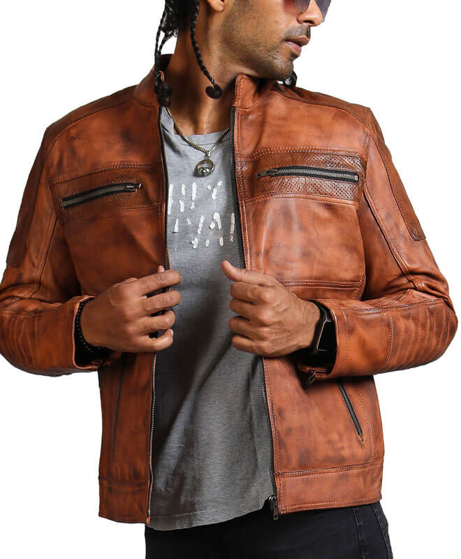 Men’s Brown Perforated Leather Biker Jacket