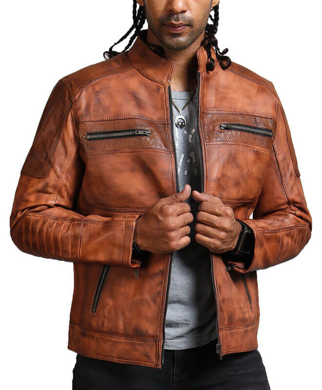 Men’s Brown Perforated Leather Biker Jacket