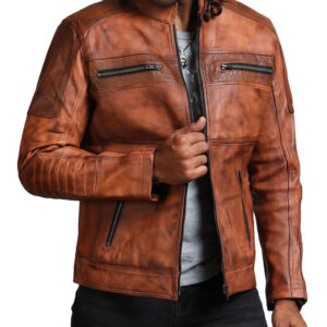 Men’s Brown Perforated Leather Biker Jacket