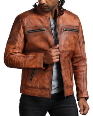 Men’s Brown Perforated Leather Biker Jacket