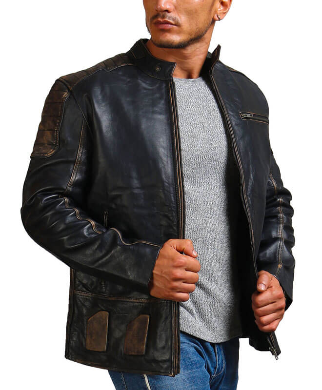Distressed Black Biker Leather Jacket