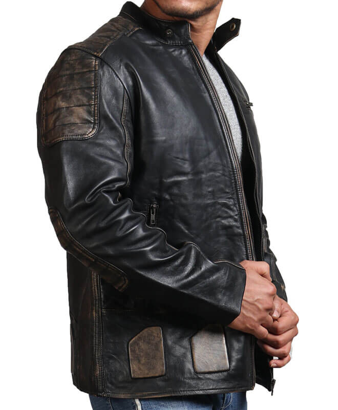 Distressed Black Biker Leather Jacket