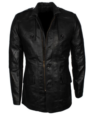 Military Officer Black Leather Coat